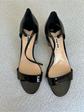 Miu Miu Patent Leather Crystal Heel Sandals Black EU 38.5 US 8.5 Luxury